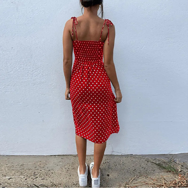Polka Dot V-Neck Pleated Dress – Summer Beach Outfit
