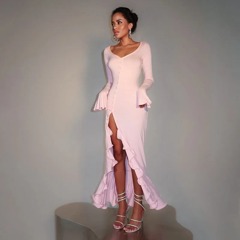Deep V-Neck Bodycon Maxi Dress – Sexy Streetwear & Party Style