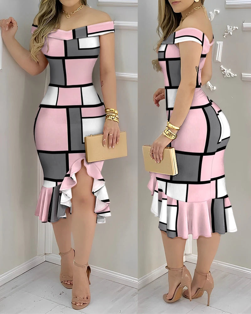 Off-Shoulder Ruffle Hem Midi Dress – Geometric Summer Casual