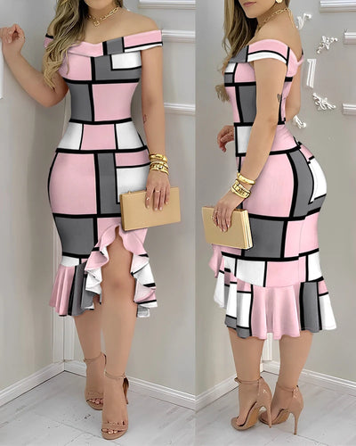 Off-Shoulder Ruffle Hem Midi Dress – Geometric Summer Casual