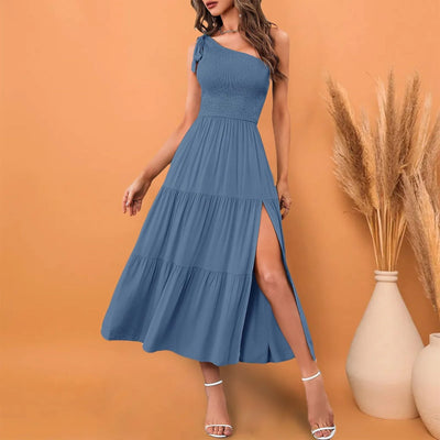 One Shoulder Smocked Midi Dress – Casual Summer