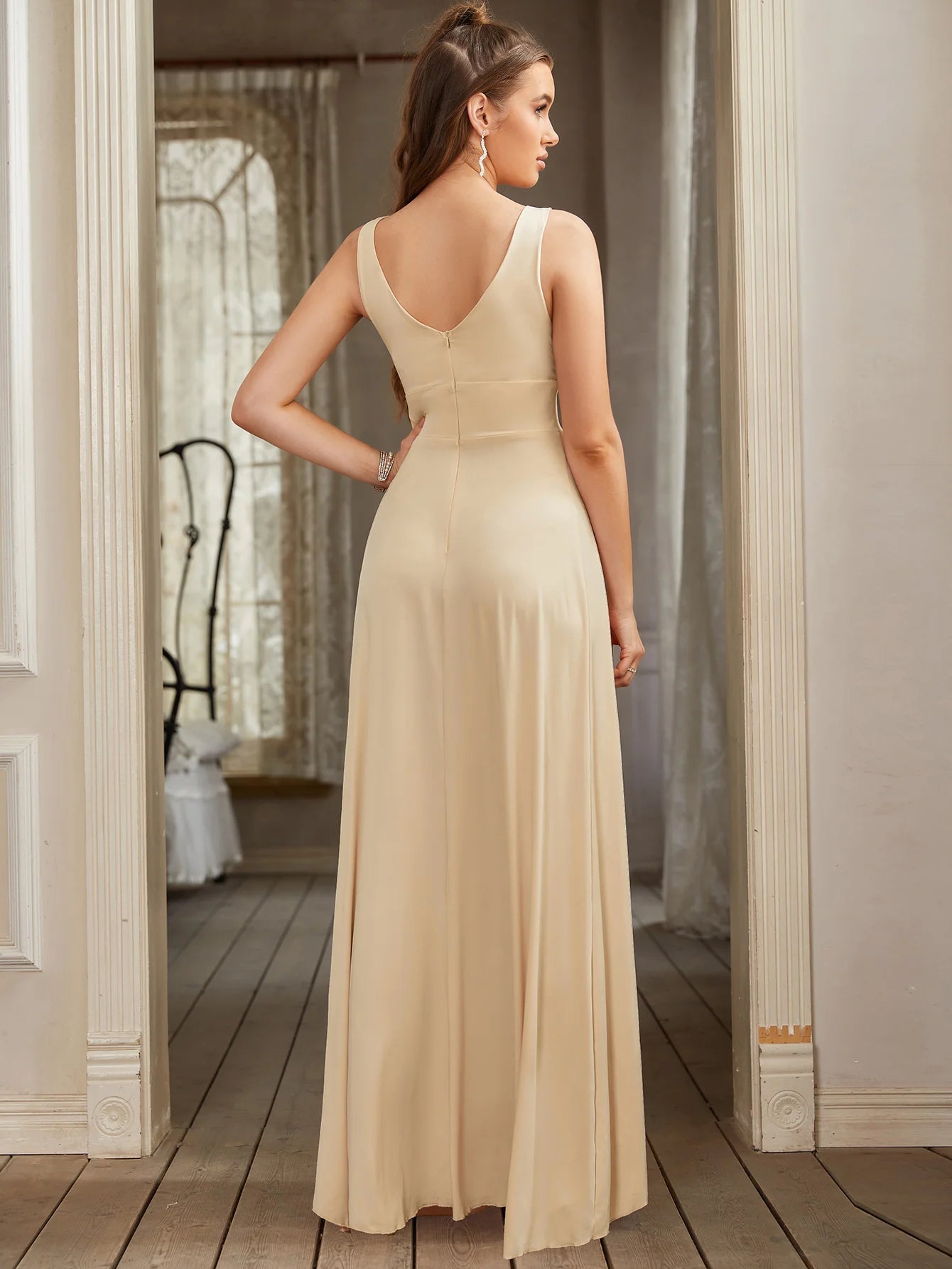 Split V-Neck Backless Evening Dress – Wedding & Party