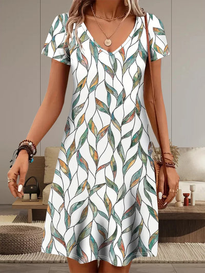 V-Neck Printed Short Dress – Summer Casual & Retro