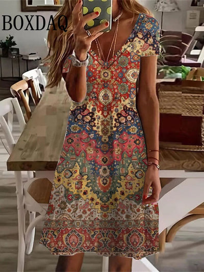 Floral V-Neck Short Dress – Elegant Summer Outfit