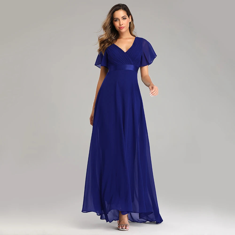 Chiffon V-Neck Ruffle Evening Gown – Elegant Wedding Party