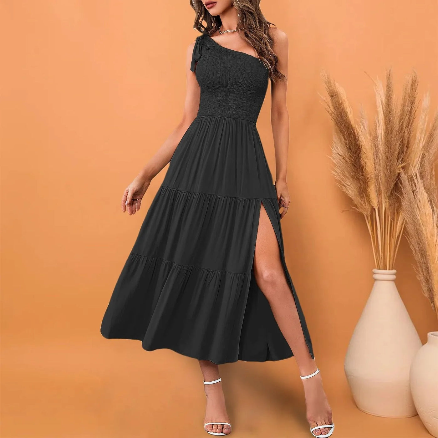 One Shoulder Smocked Midi Dress – Casual Summer