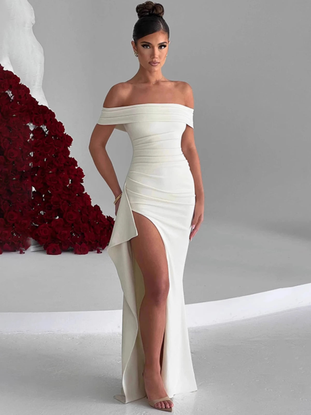 Off-Shoulder Side Slit Evening Dress – Elegant Party