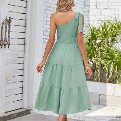 One Shoulder Smocked Midi Dress – Casual Summer