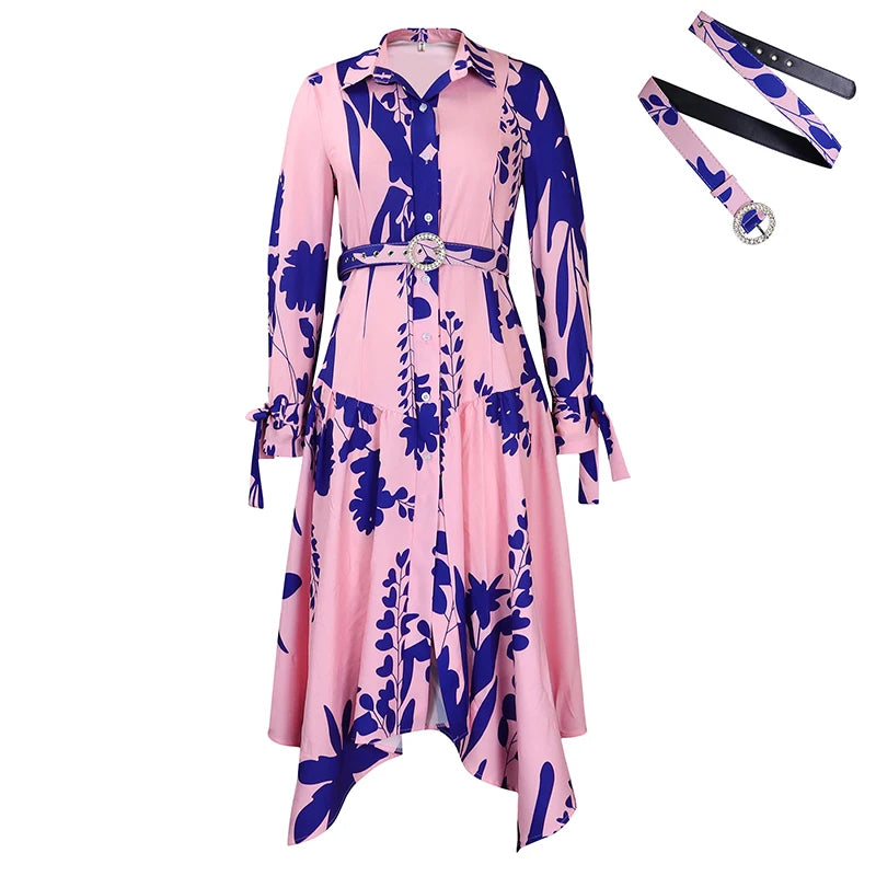 Turn-Down Collar Belted Long Sleeve Midi Dress
