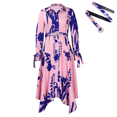 Turn-Down Collar Belted Long Sleeve Midi Dress