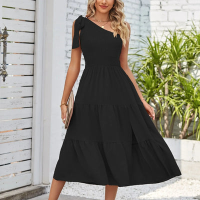 One Shoulder Smocked Midi Dress – Casual Summer