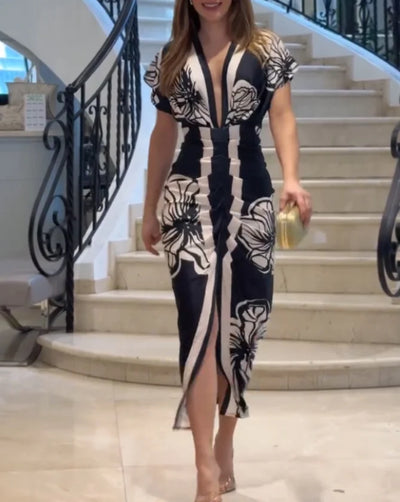 Floral V-Neck Ruched Midi Dress
