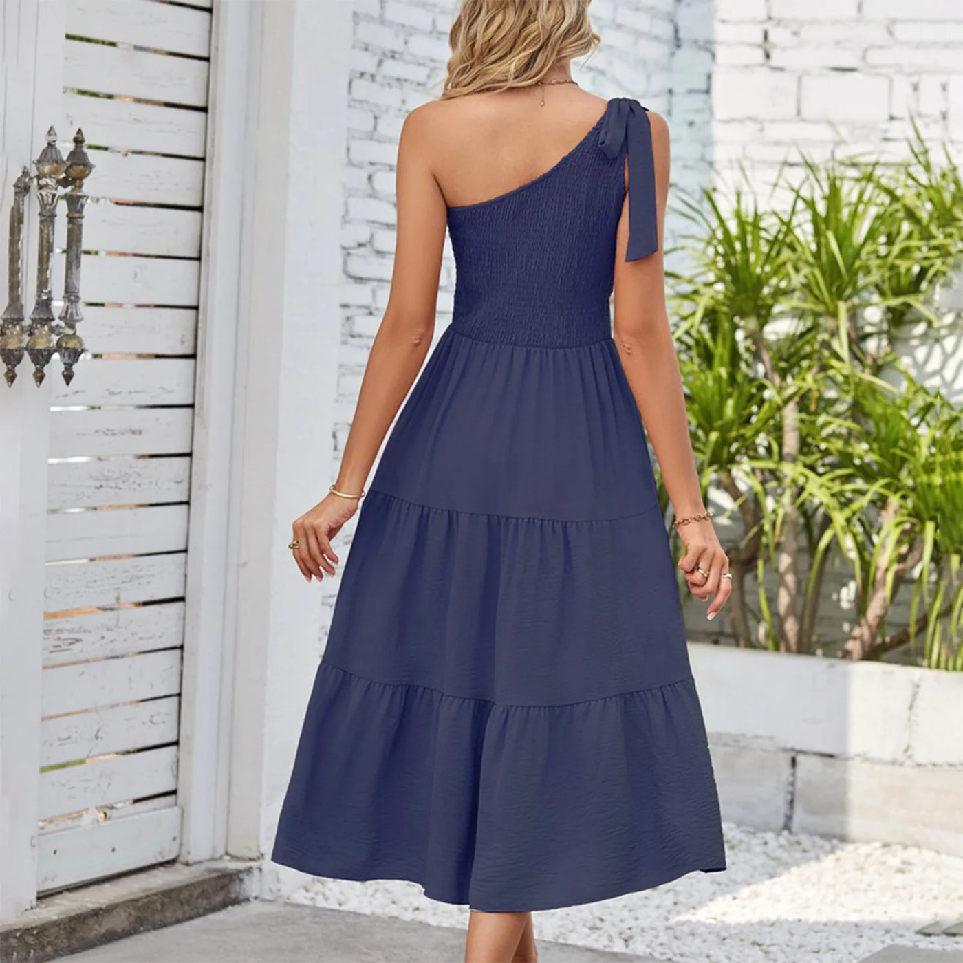 One Shoulder Smocked Midi Dress – Casual Summer