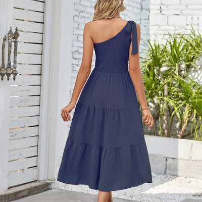 One Shoulder Smocked Midi Dress – Casual Summer