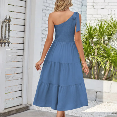 One Shoulder Smocked Midi Dress – Casual Summer