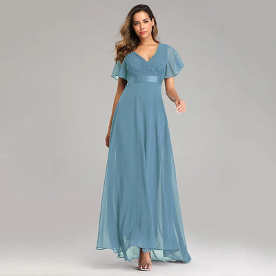 Chiffon V-Neck Ruffle Evening Gown – Elegant Wedding Party