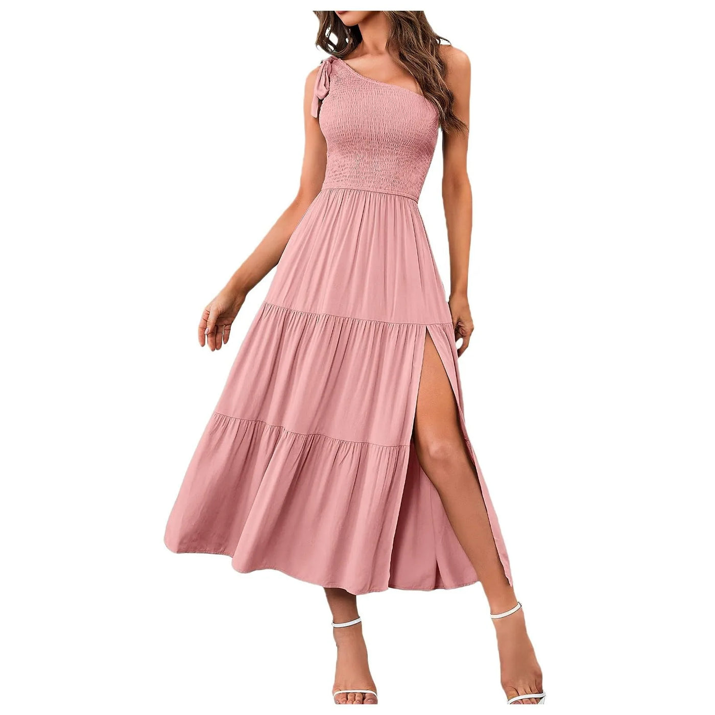 One Shoulder Smocked Midi Dress – Casual Summer