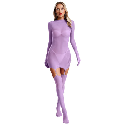Sheer Long Sleeve Bodycon Dress – Club & Party Set with Stockings