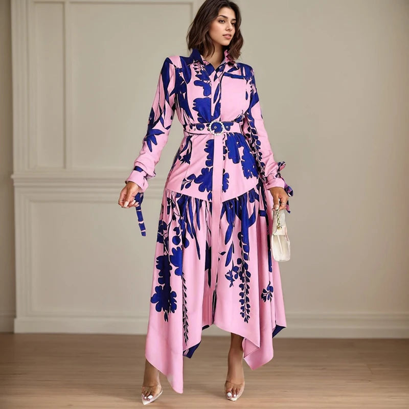 Turn-Down Collar Belted Long Sleeve Midi Dress