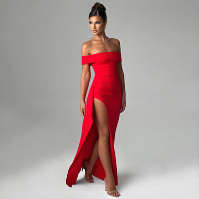 Off-Shoulder Side Slit Evening Dress – Elegant Party