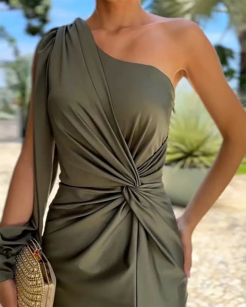 One Shoulder Satin Midi Dress – Elegant Party Outfit