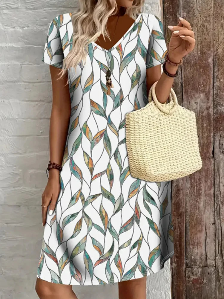 V-Neck Printed Short Dress – Summer Casual & Retro