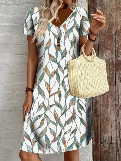 V-Neck Printed Short Dress – Summer Casual & Retro