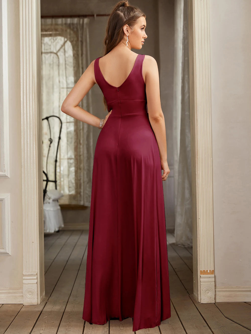 Split V-Neck Backless Evening Dress – Wedding & Party