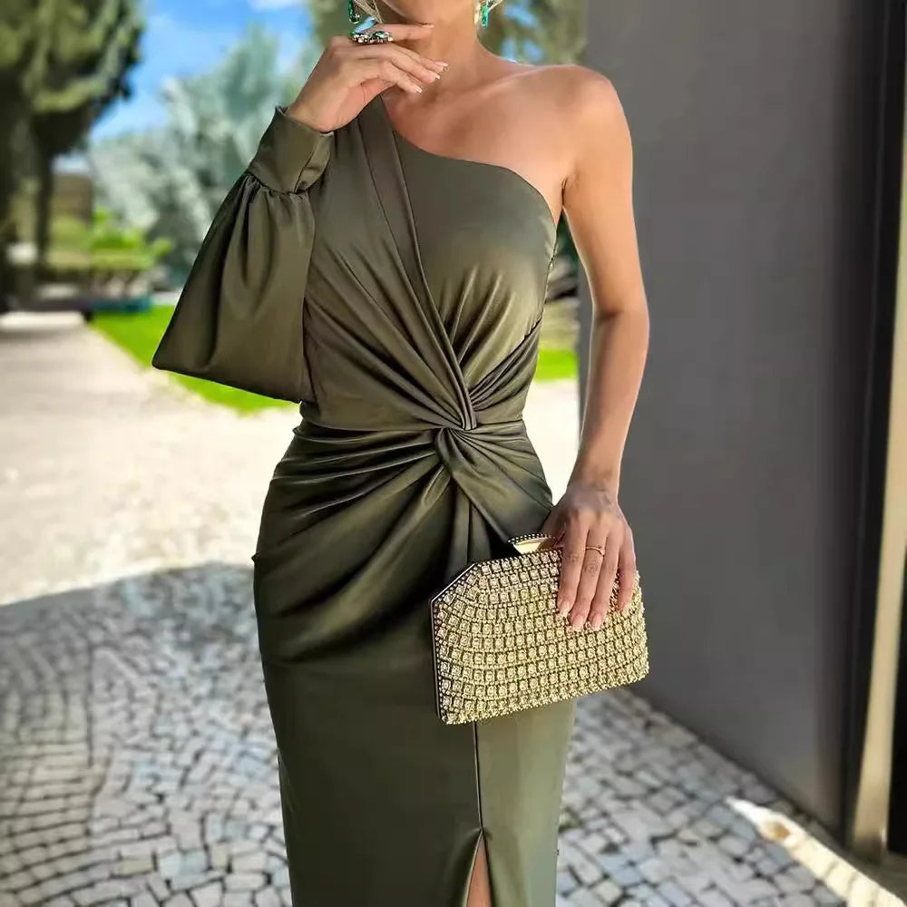 One Shoulder Satin Midi Dress – Elegant Party Outfit