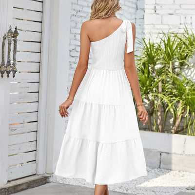 One Shoulder Smocked Midi Dress – Casual Summer