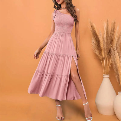 One Shoulder Smocked Midi Dress – Casual Summer