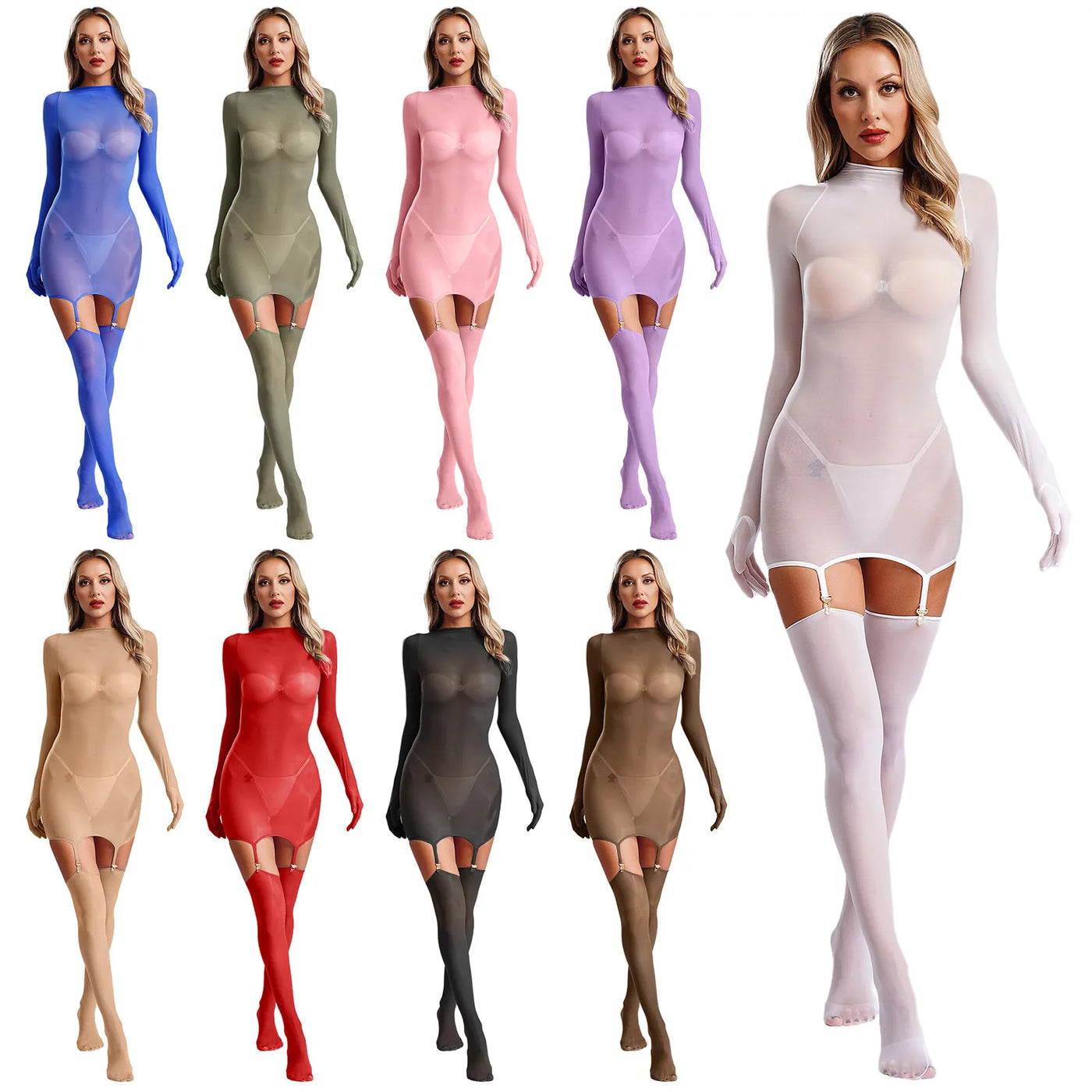 Sheer Long Sleeve Bodycon Dress – Club & Party Set with Stockings