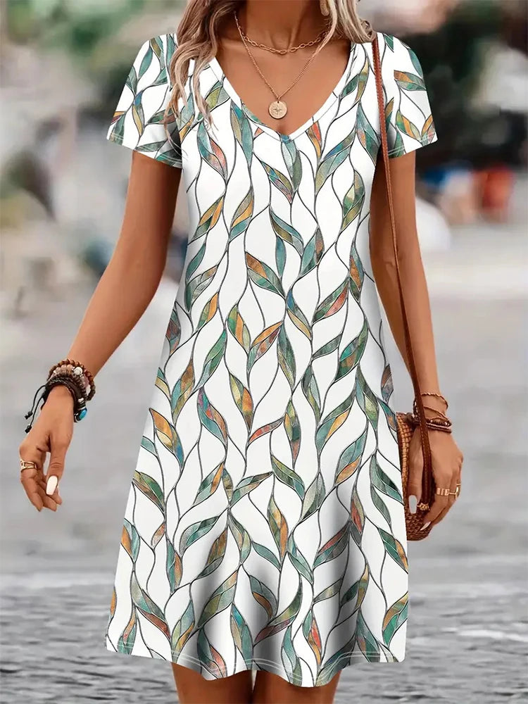 V-Neck Printed Short Dress – Summer Casual & Retro