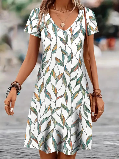 V-Neck Printed Short Dress – Summer Casual & Retro