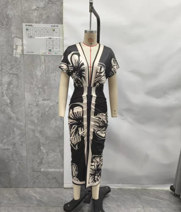 Floral V-Neck Ruched Midi Dress