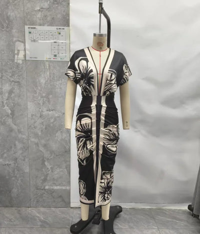 Floral V-Neck Ruched Midi Dress