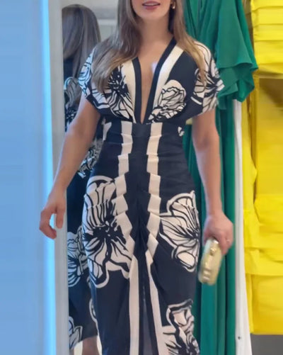 Floral V-Neck Ruched Midi Dress