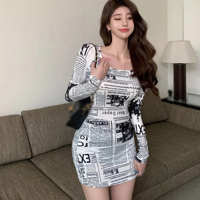 Newspaper Print Bodycon Dress – Square Neck Long Sleeve Outfit