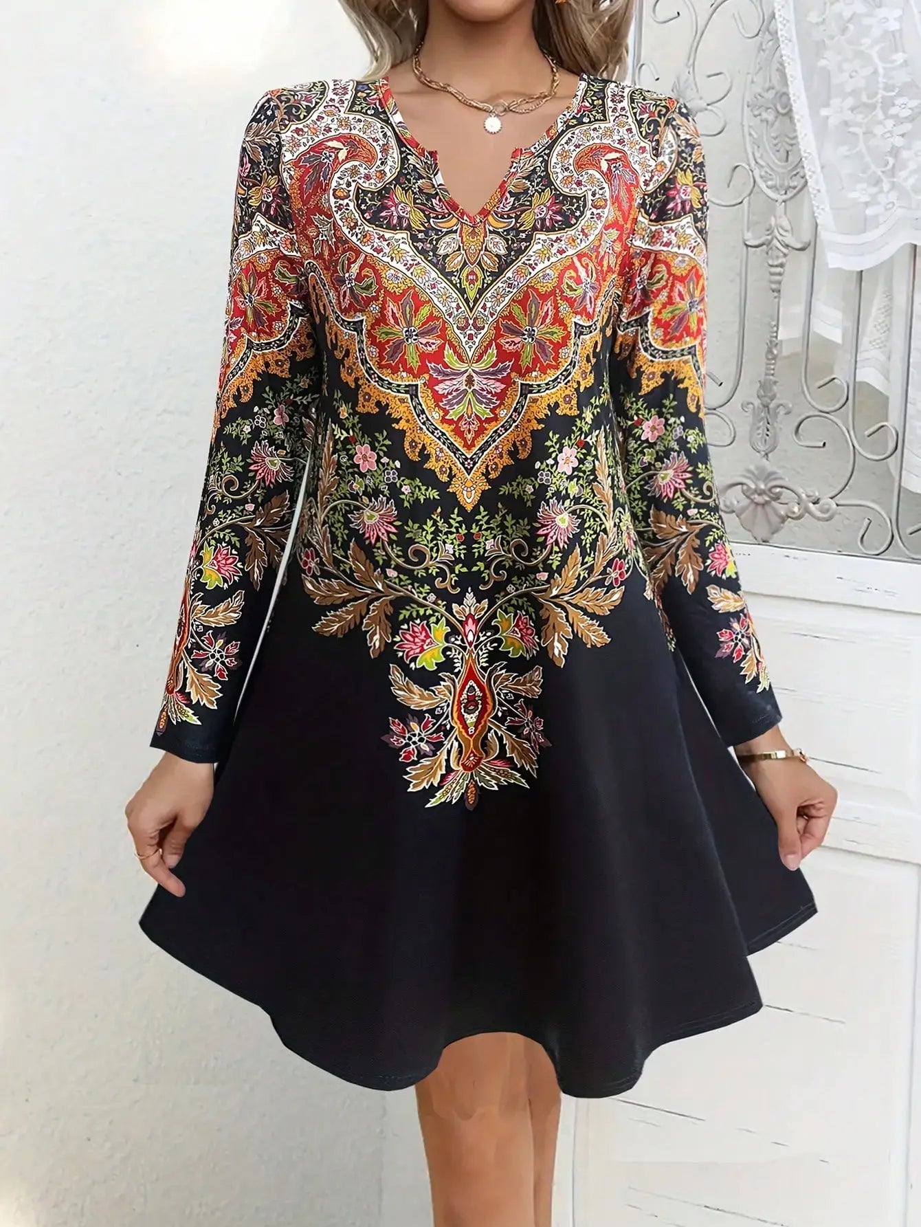 Retro Printed Long Sleeve Dress – Spring Casual Outfit