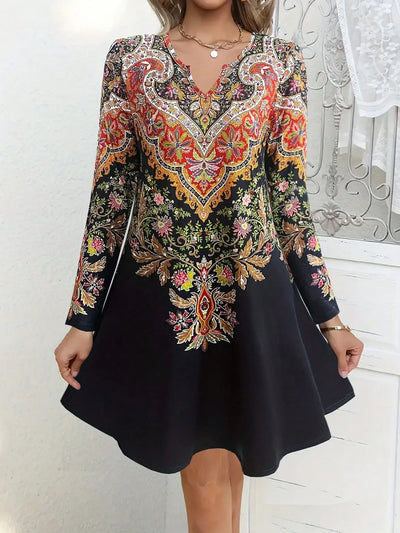 Retro Printed Long Sleeve Dress – Spring Casual Outfit