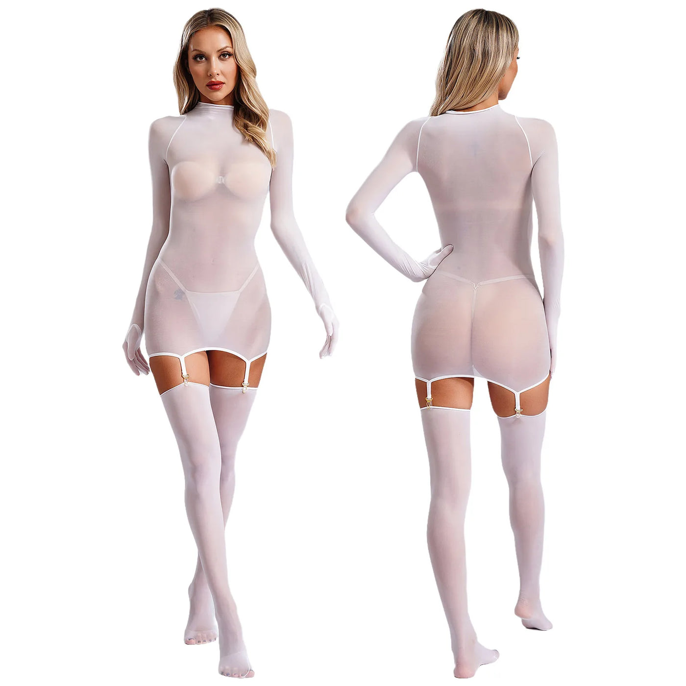 Sheer Long Sleeve Bodycon Dress – Club & Party Set with Stockings