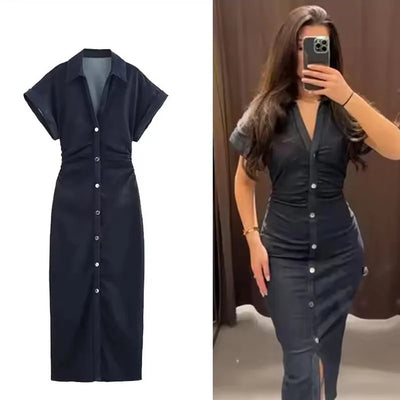Ruched Denim Midi Dress – Casual Streetwear