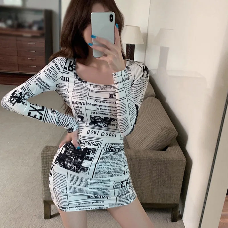 Newspaper Print Bodycon Dress – Square Neck Long Sleeve Outfit