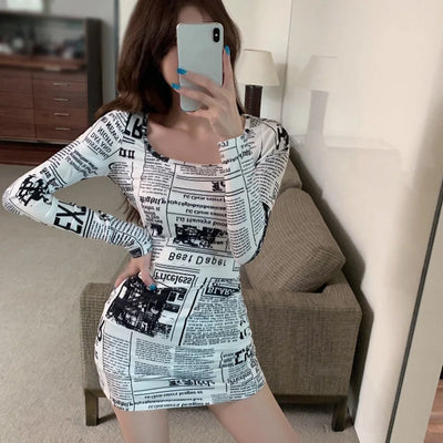 Newspaper Print Bodycon Dress – Square Neck Long Sleeve Outfit