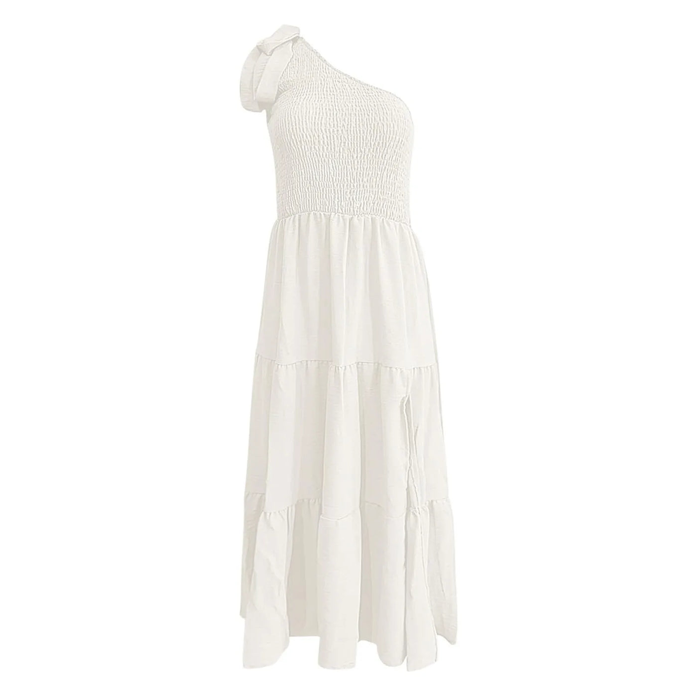 One Shoulder Smocked Midi Dress – Casual Summer