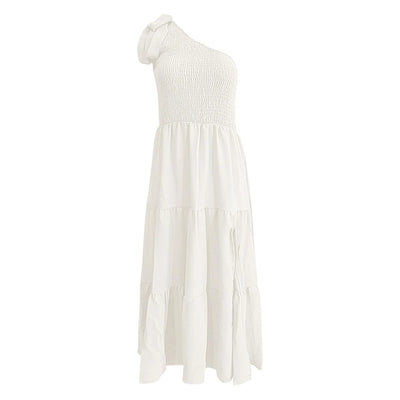 One Shoulder Smocked Midi Dress – Casual Summer