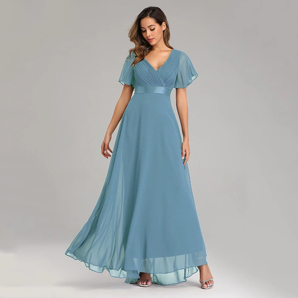 Chiffon V-Neck Ruffle Evening Gown – Elegant Wedding Party