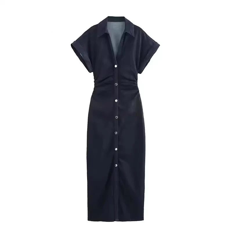Ruched Denim Midi Dress – Casual Streetwear