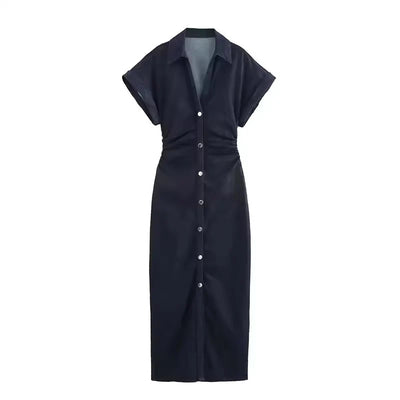 Ruched Denim Midi Dress – Casual Streetwear