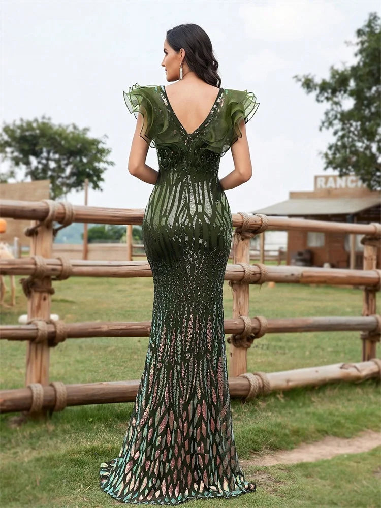 Sequin V-Neck Mermaid Gown – Elegant Evening & Prom